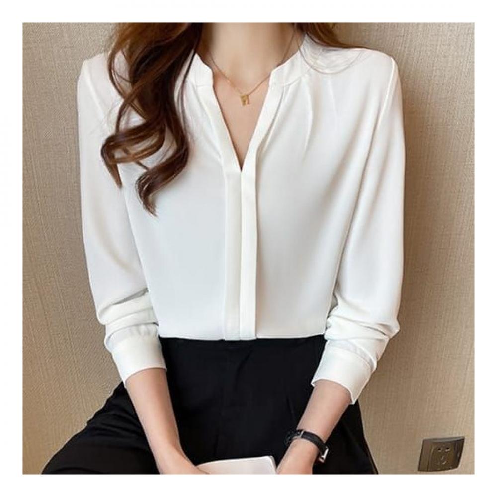 Navava Office Simple Solid Cut Neck Long Sleeve Shirt Nb2278