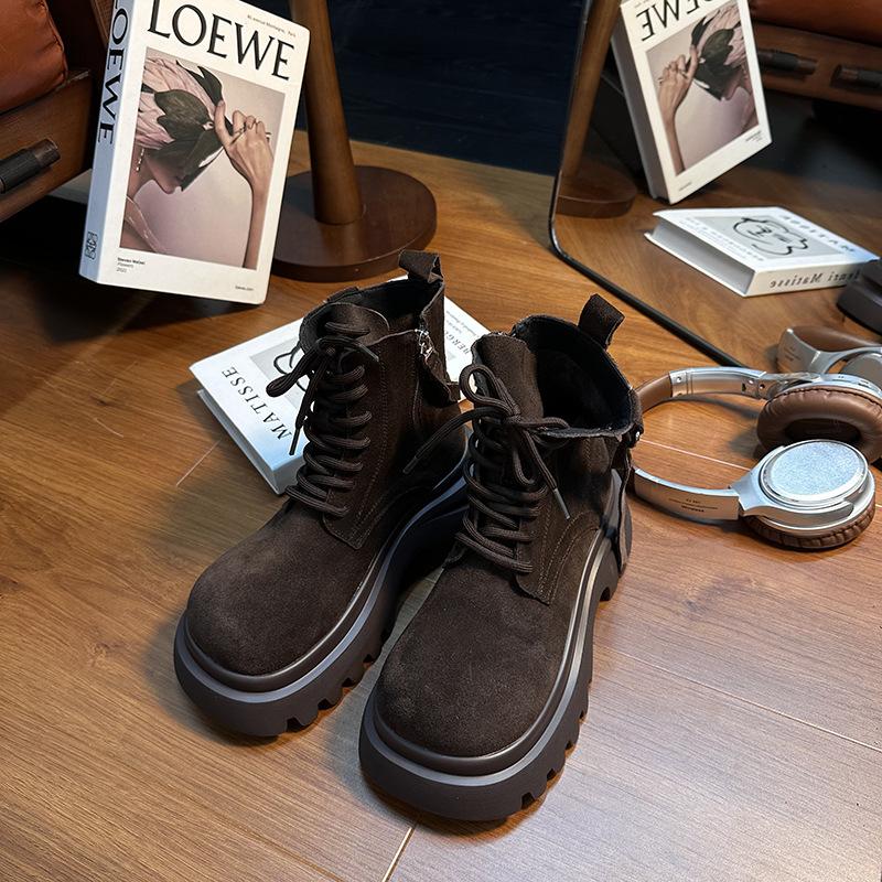 

[Fanfna] Frosted leather big head thick-soled Martin boots for women s 2025 autumn new British style retro heightening short boots 40 темно-коричневого кольору