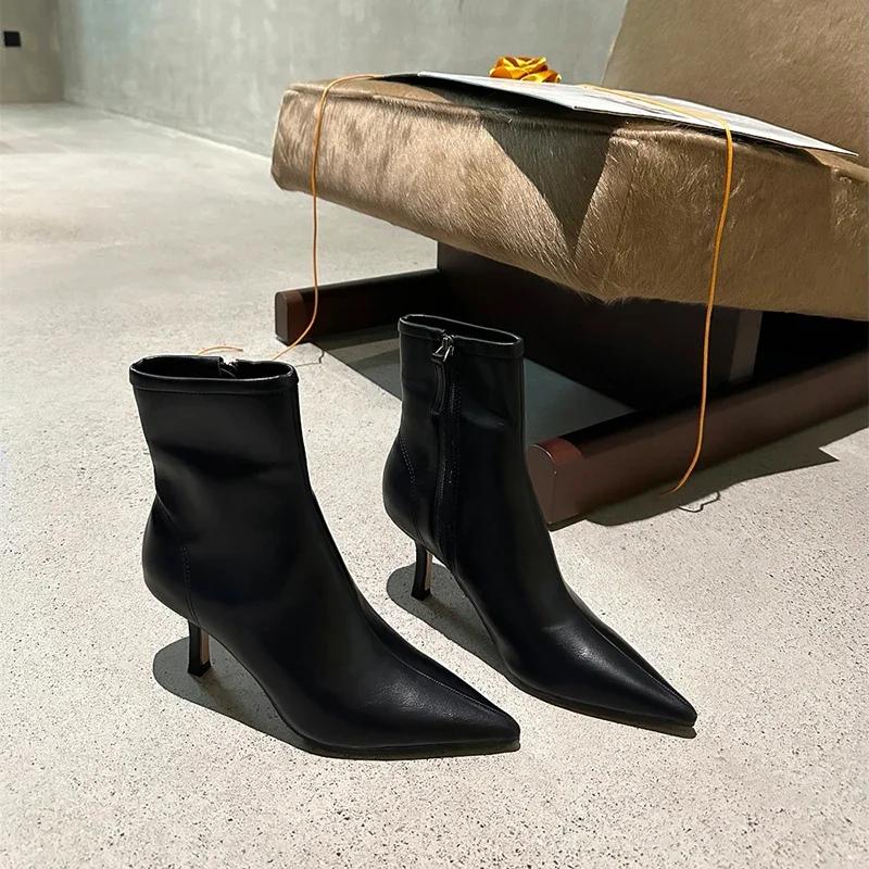 

Женские эластичные короткие сапоги с острым носком, модные узкие ботильоны с боковыми молниями, высокие каблуки, новые осенне-зимние женские туфли 35
