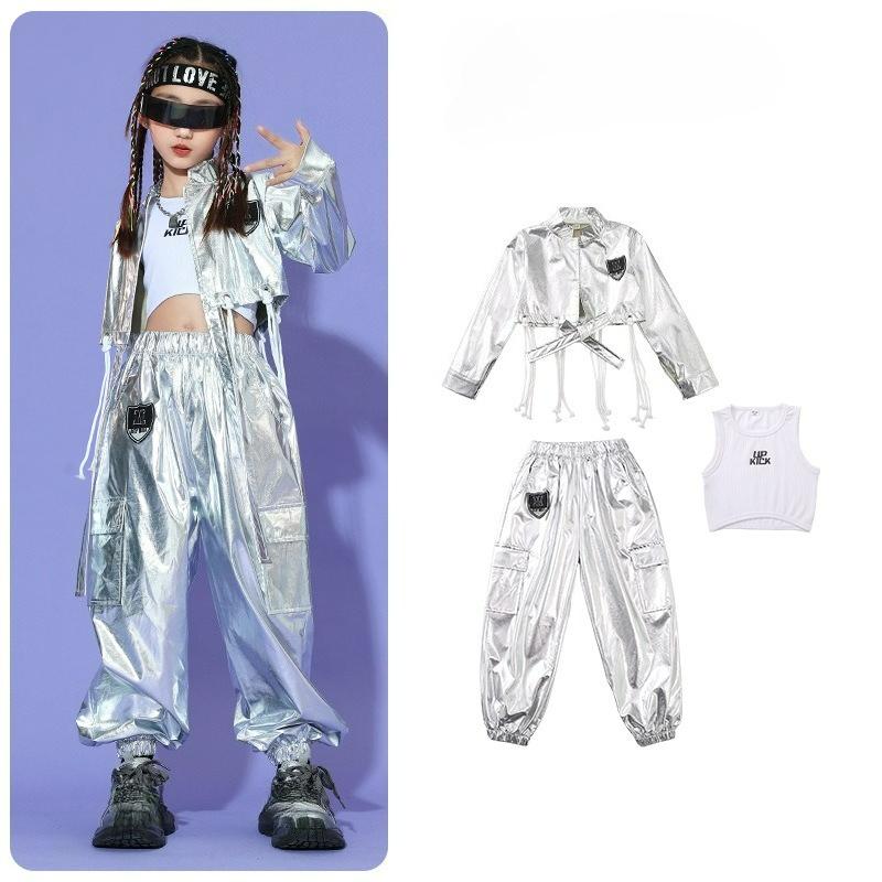 Jazz-Tanzkostüme für Mädchen, Hip-Hop-Anzüge aus silbernem Glanzleder für Mädchen, Mädchengruppen, Trendige coole Schlagzeugsets für Kinder, Kostüme