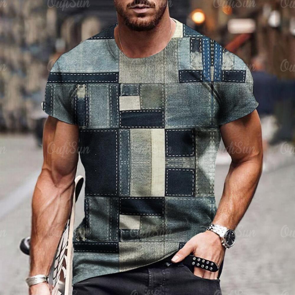 Men's T Shirt 3D Digital Patchwork Graphic Print Short Sleeve T-Shirts Comfy Casual Elastic Crew Neck Men Outdoor Activities Top