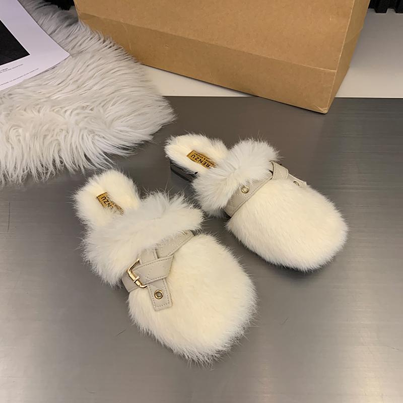 Winter New Baotou Slippers Women's Round Head Plush Deep Mouth Rivet Soft Sole Anti-slip Wear-resistant Flat Shoes