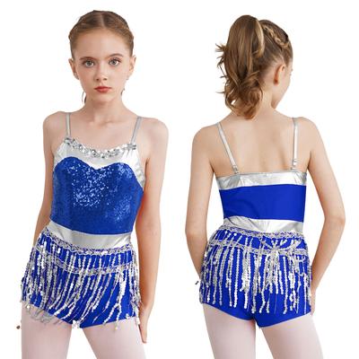 Kids Girls Sparkly Sequins Tassel Latin Dance Dress Tutu Skirt Leotard Modern Jazz Ballroom Costume Dancewear