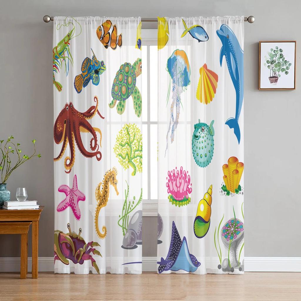 Cartoon Marine Life Animal Tulle Curtains for Living Room Drapes Window Sheer Modern Curtains for Bedroom Decor