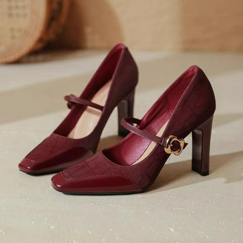 Fashion Women's Fashion Thick Heel Shoes Spring New Square Head Shallow Mouth Splicing Metal One-line Buckle Non-slip High Heels