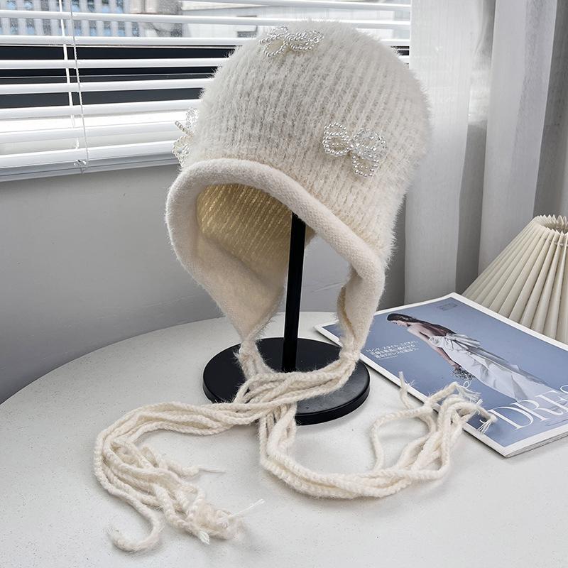 Source Spot Pearl Bow Acrylic Knitted Ear Cap Women's Autumn and Winter Daily Versatile Warm Wool Cap