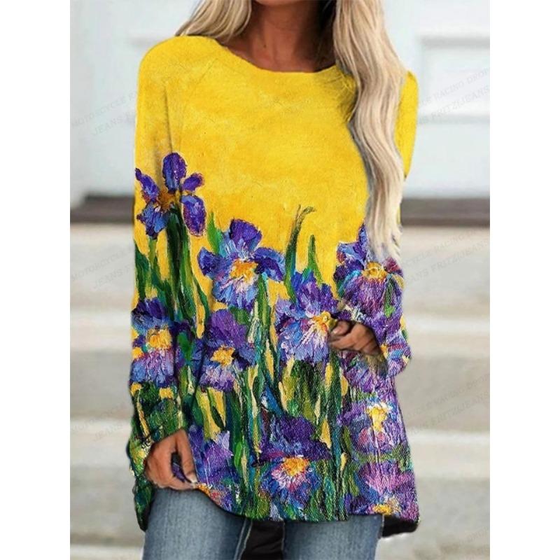 Women T-shirt Summer Floral Print  Fashion Long Sleeve Tshirt Essential Tops Tees Ladies Flower