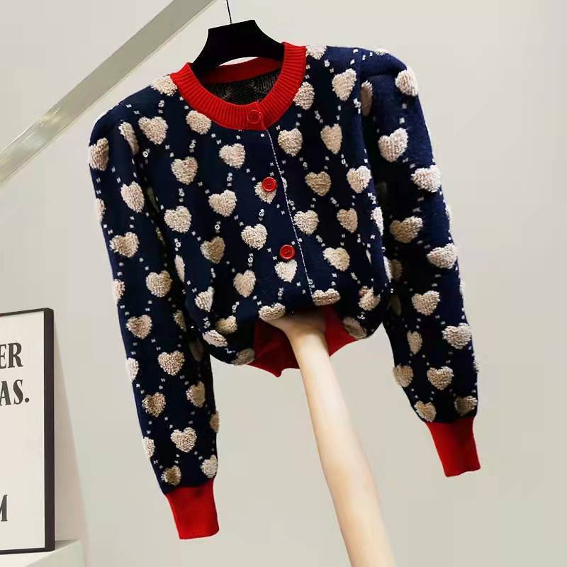 

Сердце Клетчатый О-образный вырез Винтаж High Street Вязаные женские кардиганы свитер Корейская мода однобортный короткий кардиган для женщин M темно-синий