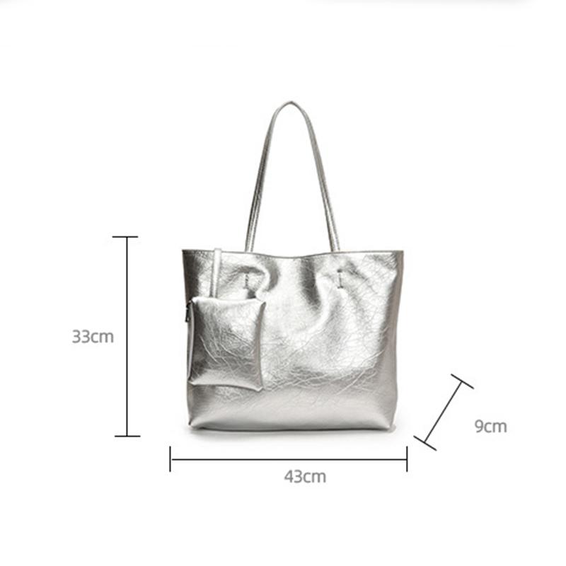 PU Leather Silver Women's Shoulder Bag Simple Design High End Work Commuter Bag Large Capacity Tote Bag with Purse CLE
