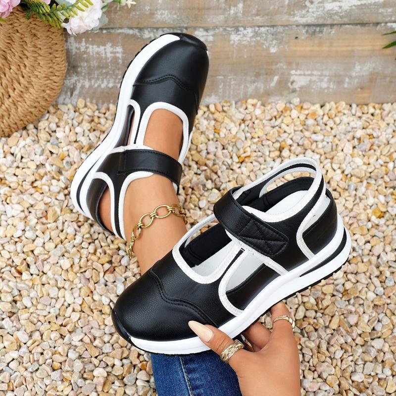Women's Thick-Soled Velcro-Strap Color-Blocked Round-Toe Flat Casual Slip-On Shoes, Versatile European Style.