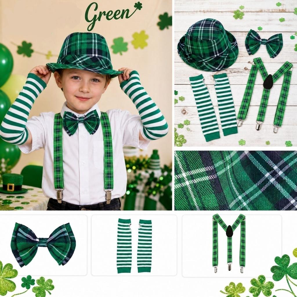 St. St. Patrick's Day Grønt Rutete Festsett med Hatt, Slips, Armbånd og Bukseseler