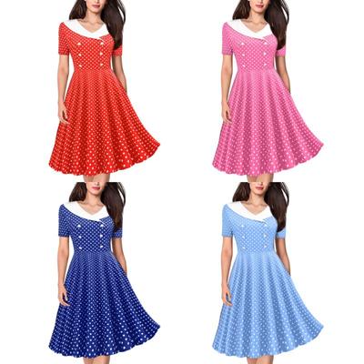 Summer Women's V-Neck Short Sleeve Polka Dot Printing Retro Double-breasted Pseudo-Button Pendulum Dress