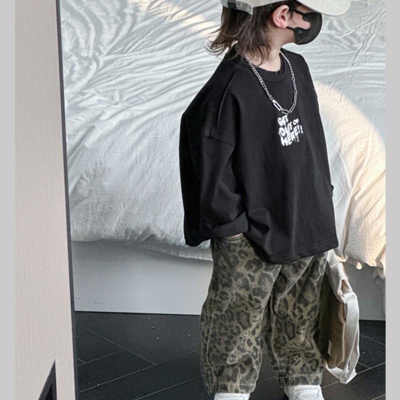 Hip Hop Ležérní Volné Dětské Kalhoty Dětské Čtyřsezónní Čistá Bavlna Leopardí Vzor Džíny Trendy Ležérní Kalhoty