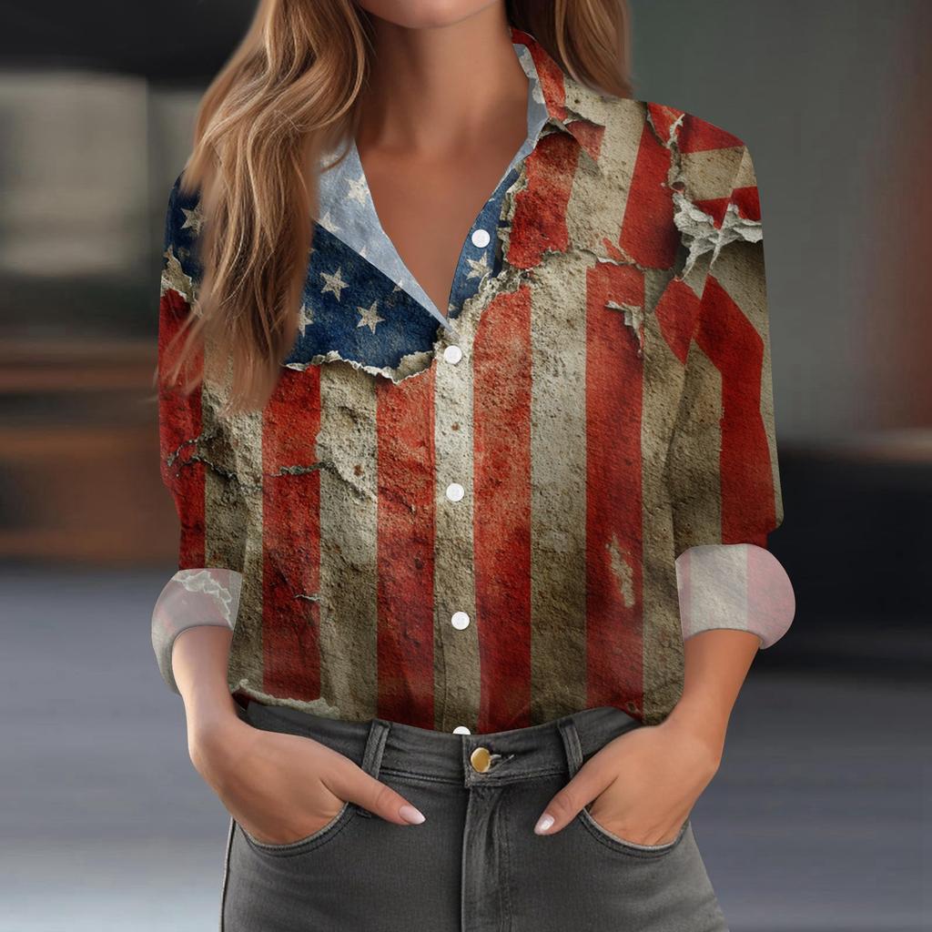 Damen-Hemdbluse, bedruckt, Knopfleiste, langärmelig, lässig, Basic, Hemdkragen, normales Oberteil