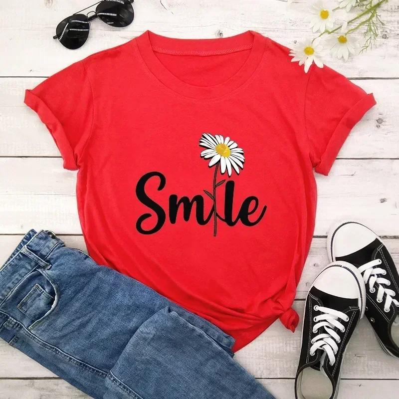 Fashionable Smile Daisy Printed Short Sleeve Round Neck Versatile Tshirt for Daily Use  Summer Casual Womens Tshirt