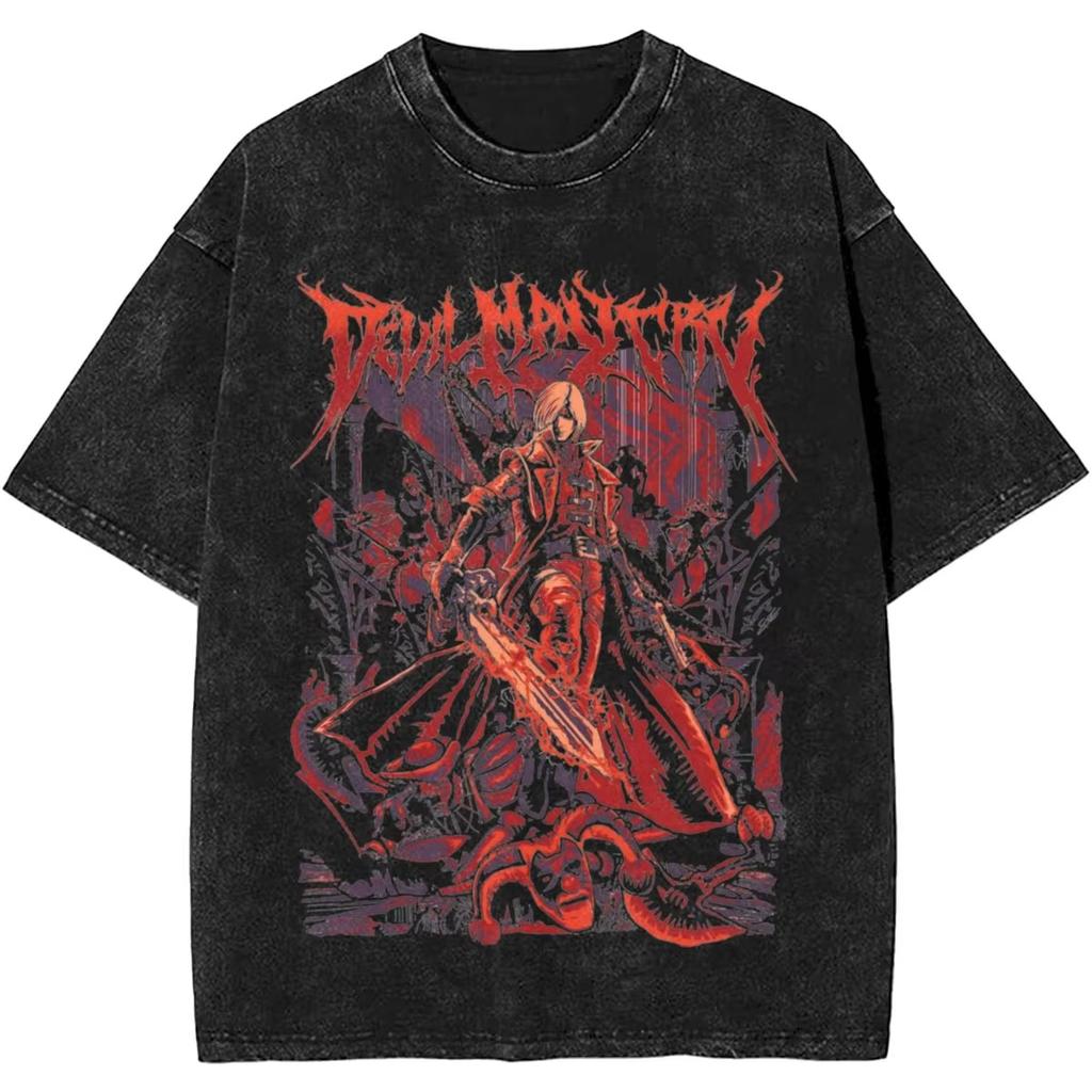 Harajuku Washed Shirts Devil May Cry Fan Art Game Lover Fans Merch Fashion T-Shirts Streetwear Summer Short Sleeve O-Neck Tees