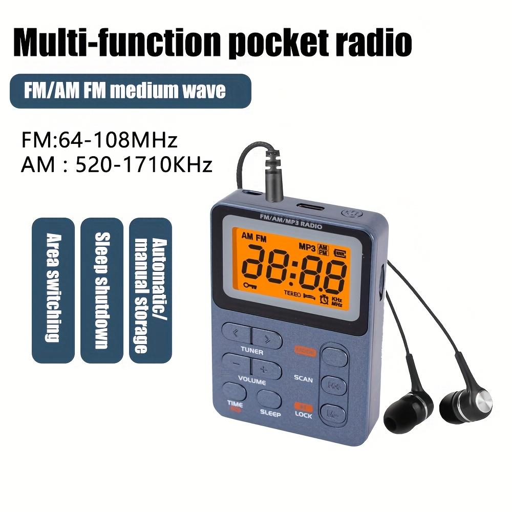 Mini Portable AM FM Pocket Radio Equipped Stereo Earphones Auto Preset Stations Key Lock & Sleep Timer Battery Operated for Running Camping Outdoor