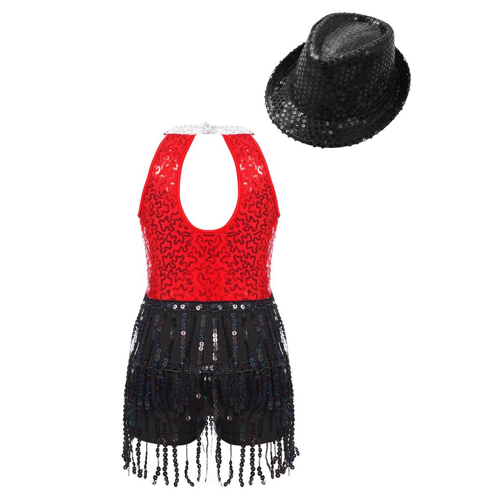 Girls Sleeveless Sequin Jumpsuit Keyhole Back Design Jazz Performance Competition Outfit Matching Hat