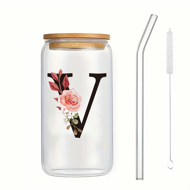 Alphabet Blumen Trinkglas Buchstabe A-Z Eiskaffee Wasser Saft Flasche Tragbarer Klarer Becher mit Deckel Strohhalm Bürste Geburtstagsgeschenke