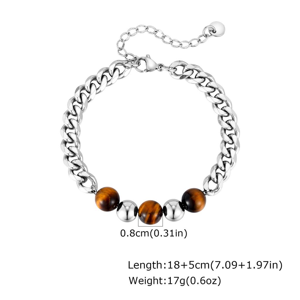 Fashion Stainless Steel Cuban Chain Bracelet for Men, Tiger Eye Natural Stone Charm Bracelet, Vintage Jewelry Father Day Gift