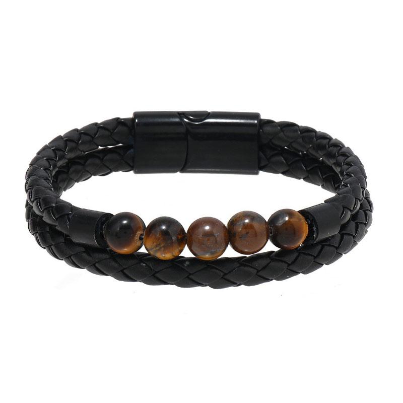 Tiger Eye Stone Beads Cuff Bangle Men's Bracelets OL Style Male Wrist Gift New Multilayer Woven Leather Bracelet for Men
