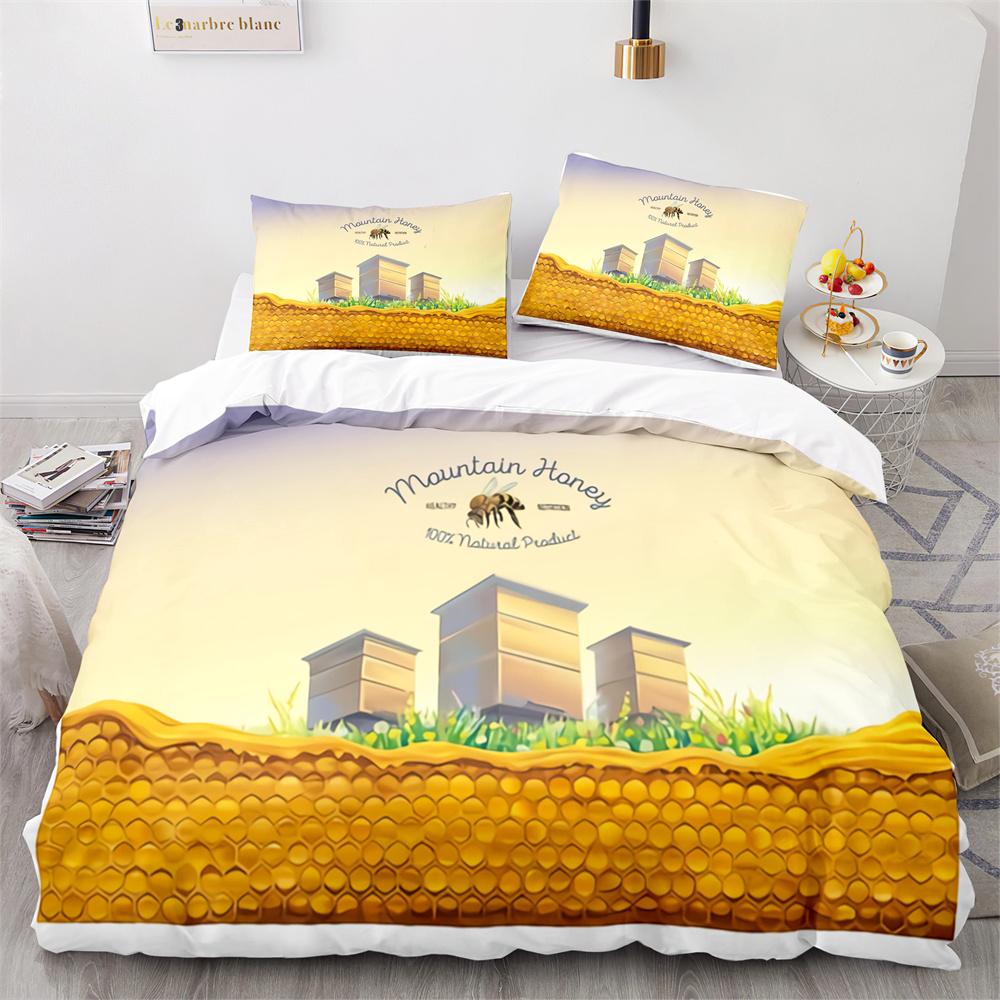 Bee Duvet Cover Set Watercolour Painting Cartoon Cute Wildlife Comforter Cover King Queen for Kids Girl Polyester Bedding Set