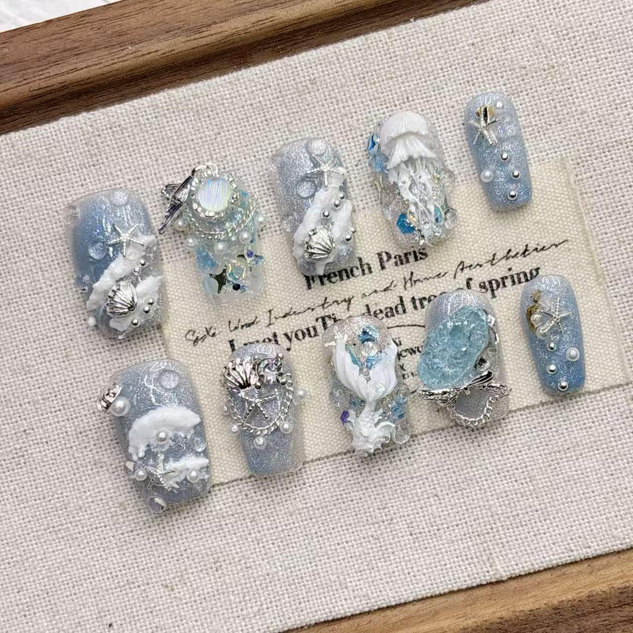 Blue Ocean Jellyfish Style Luxury Short Round Handmade Versatile False Nails