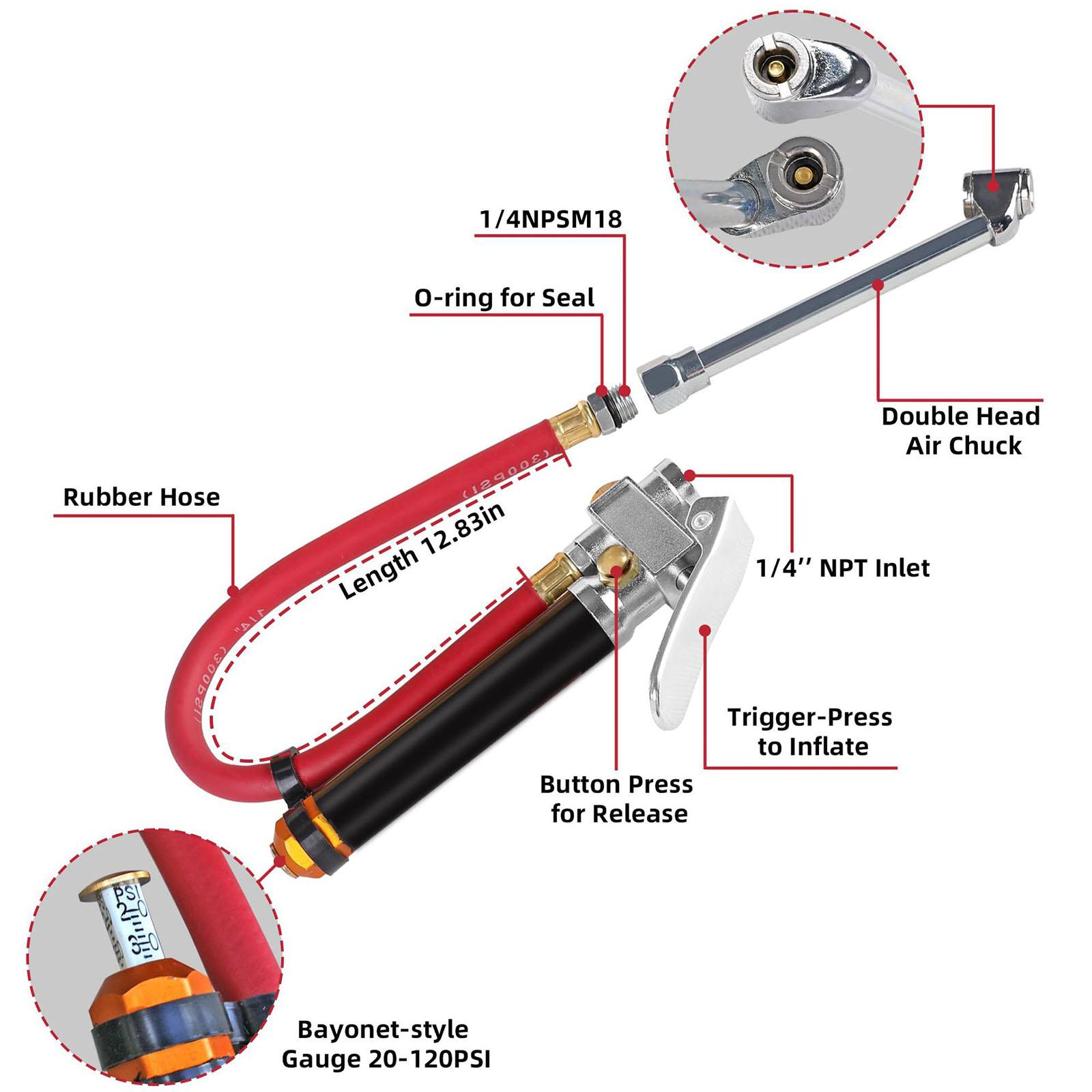 

Tire Inflator Gauge with Wrench Flexible Air Tires Pressure Gauge 120PSI Valves Cores Removal Double Head Air Chuck 1