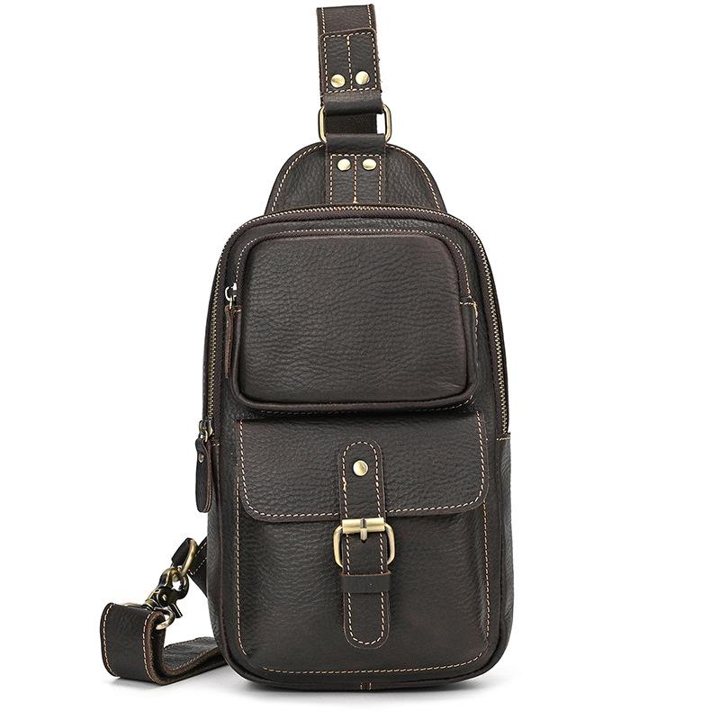 Vintage Crazy Horse Cowhide Leather Mens Chest Bag Retro Sports Casual Crossbody Sling Shoulder Bag Lightweight Outdoor Daily Bag for Men