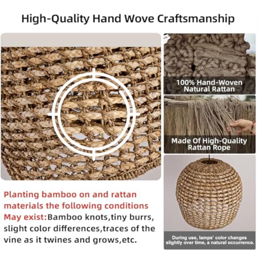 13.77 Brown Rattan Pendant Light Fixtures 1-Light Boho Seagrass Pendant Light Hand Woven Water Plants Rattan Chandelier for Din