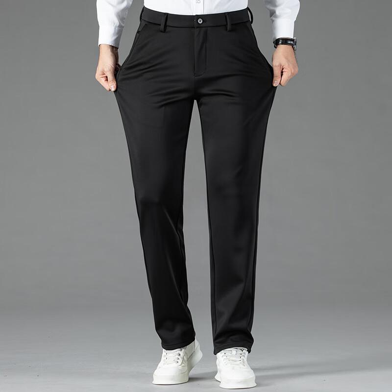 FAPAI Men's Wool Blend Fleece-Lined Straight Business Casual Trousers