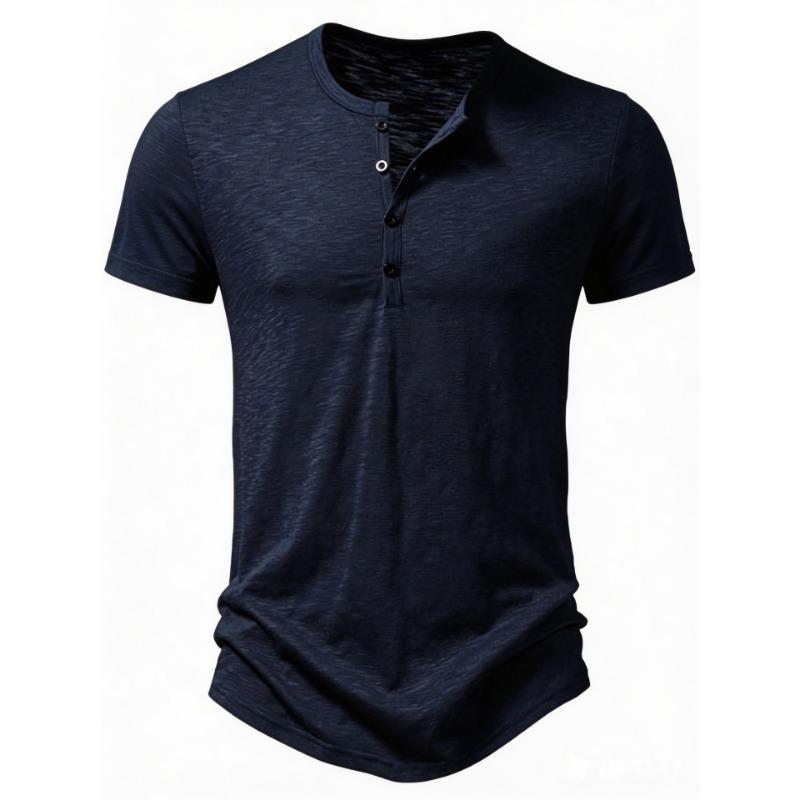 Men's Khaki Heather Short Sleeve Henley Shirt Casual Button Placket Crew Neck Top