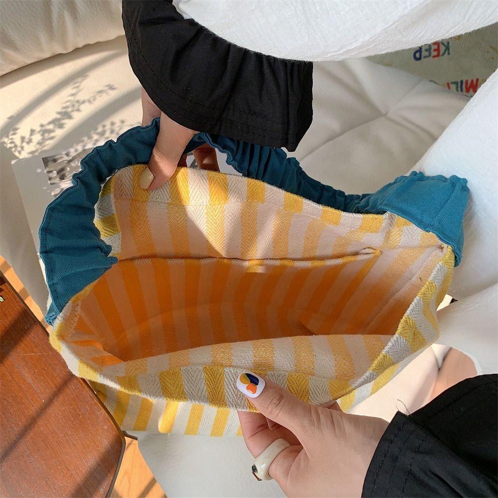 Large Capacity Stripe Canvas Bag Pleated Shoulder Strap Cloth Shoulder Bag Cute Tote Bag Women