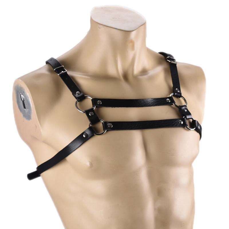 Black Men'S Faux Leather Chest Strap Buckle Club Clothing
