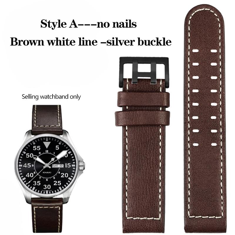 20mm 22mm Genuine Leather with Nails Watchband For Hamilton Khaki H77616533 H70615733 Series Men's Watch Band Strap Wristband