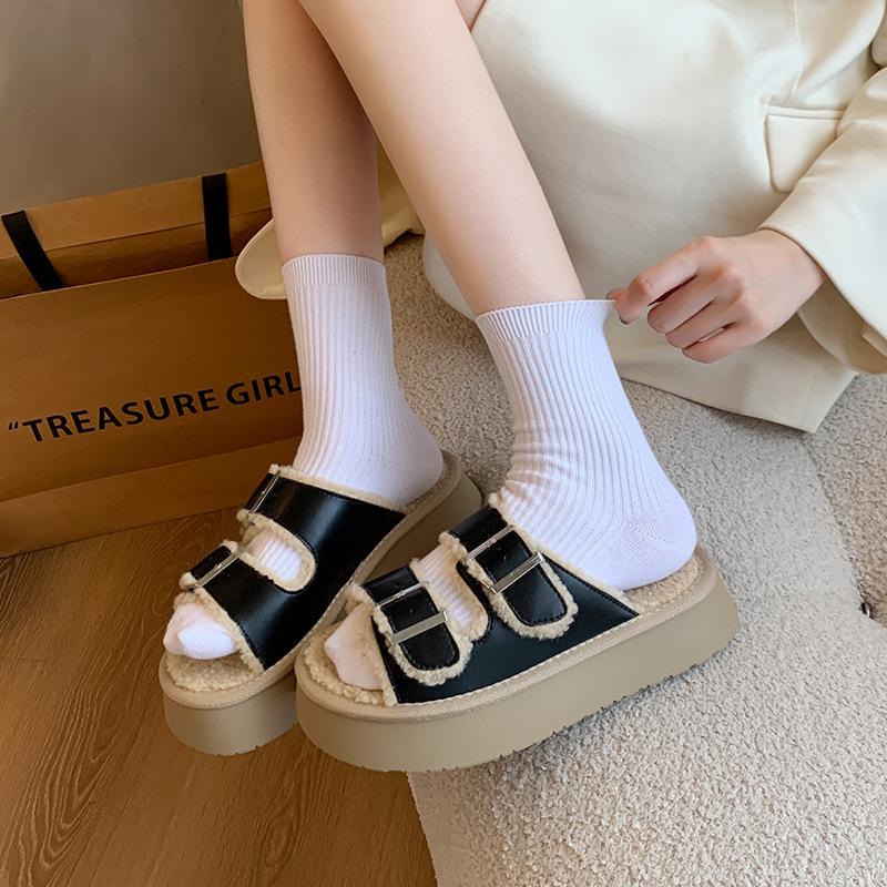 

Пушистые тапочки на толстой подошве, женская обувь, зимняя одежда из овечьей шерсти, модные тапочки из хлопка Boken на мягкой подошве, пушистые туфли 35 чёрный