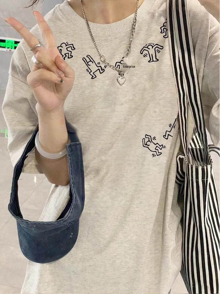 Damen 2025 Schwergewichtiges Graues Baumwoll-Sommer-T-Shirt mit Lockerem Halbem Ärmel