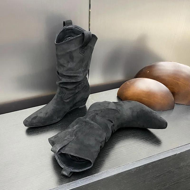 Eilyken Winter Design Pleated Wedges High Heels Women Ankle Boots Pointed Toe Roman Ladies Shoes  Mujer