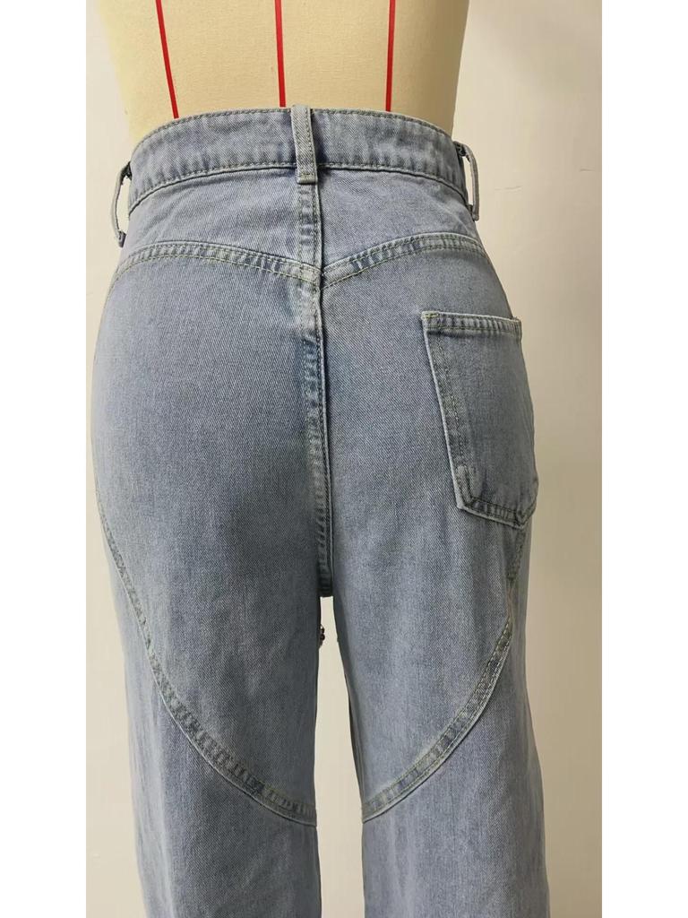 2025 Women's High Waist Straight-Leg Jeans with Chain and Washed Finish