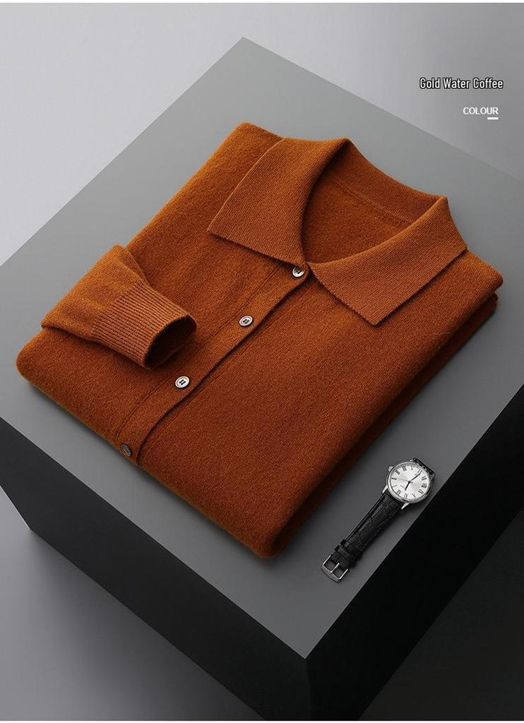 Men's Autumn Wool Cardigan with POLO Collar and Business Lapel, Long Sleeve Sweater for Autumn/Winter.