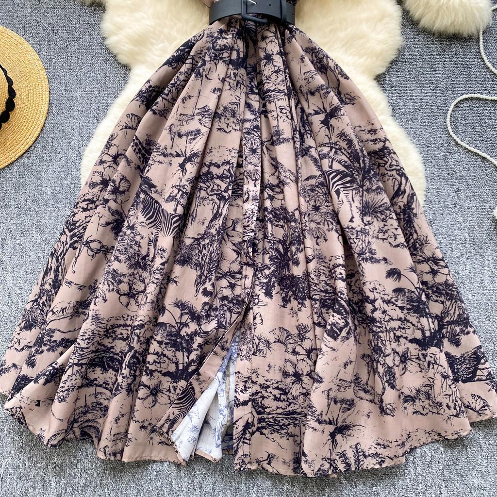 Women's Lapel Collar Vintage Midi Shirt Dress Summer Runway Pleated Short Sleeve Retro Jungle Print Belt Ladies Midi Dresses