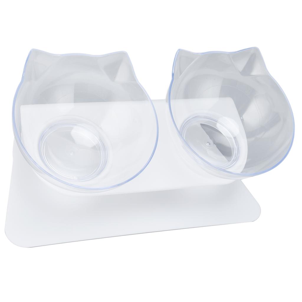 15 degrees  Inclined Cat Double Bowl Neck Guard Pet Feeding Bowl for Home Pet Shop Living Room(White Base Transparent