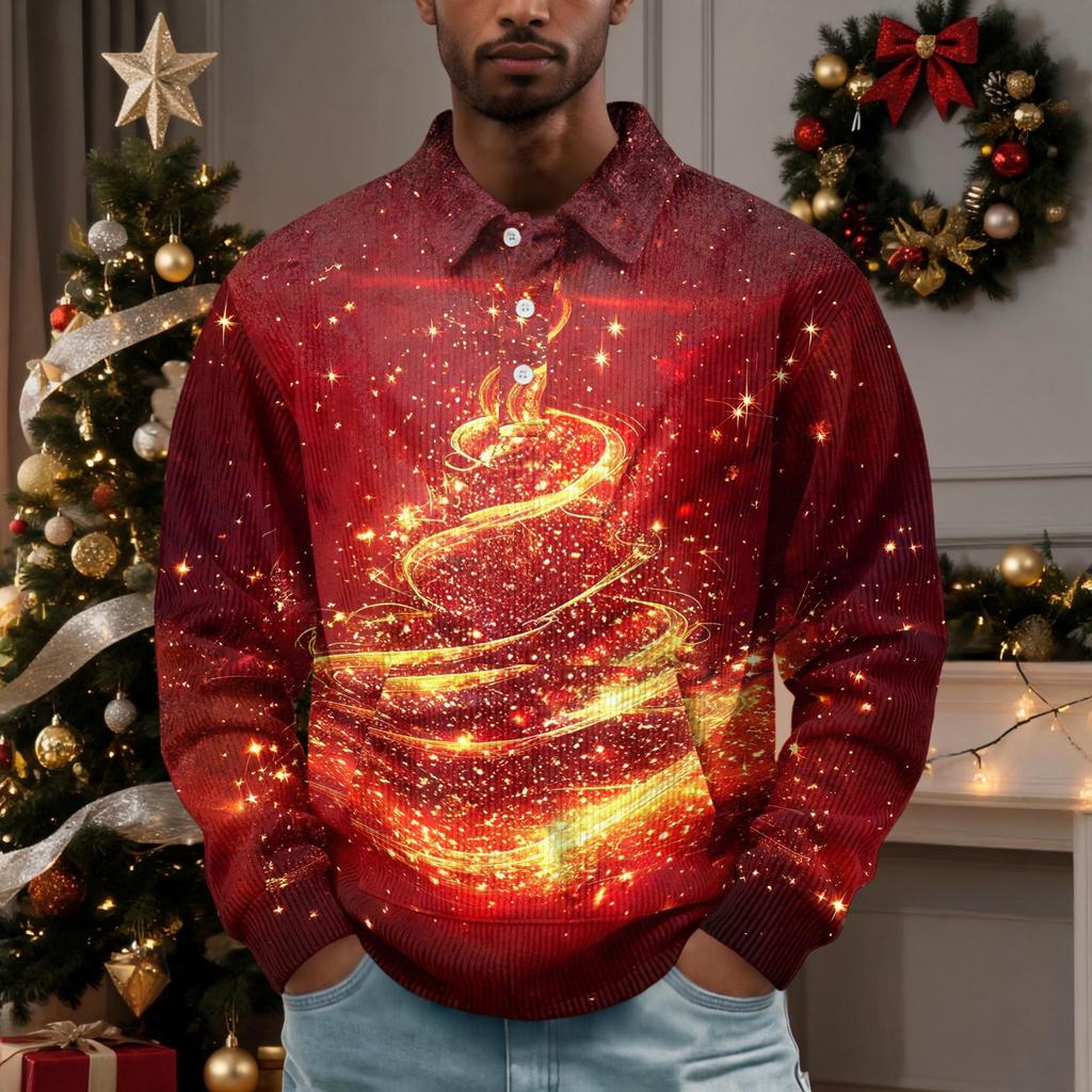 Men's Vintage Corduroy Christmas Print Long Sleeve Pullover with Collar and Pocket, Casual Top