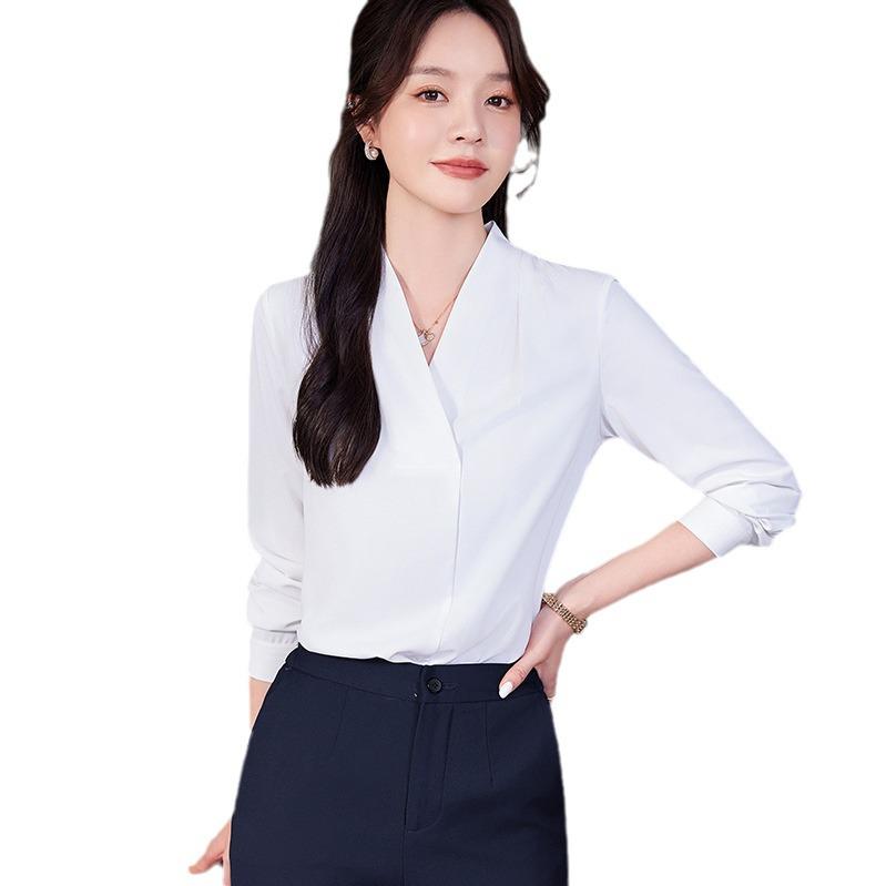 Women's Wrinkle-Resistant Chiffon V-Neck Long-Sleeve Shirt - Collarless White Workwear Top for Autumn