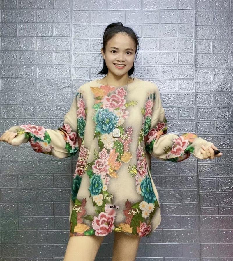 Spring 2026 Printed Hooded Knit Mom-Style Pullover Sweater