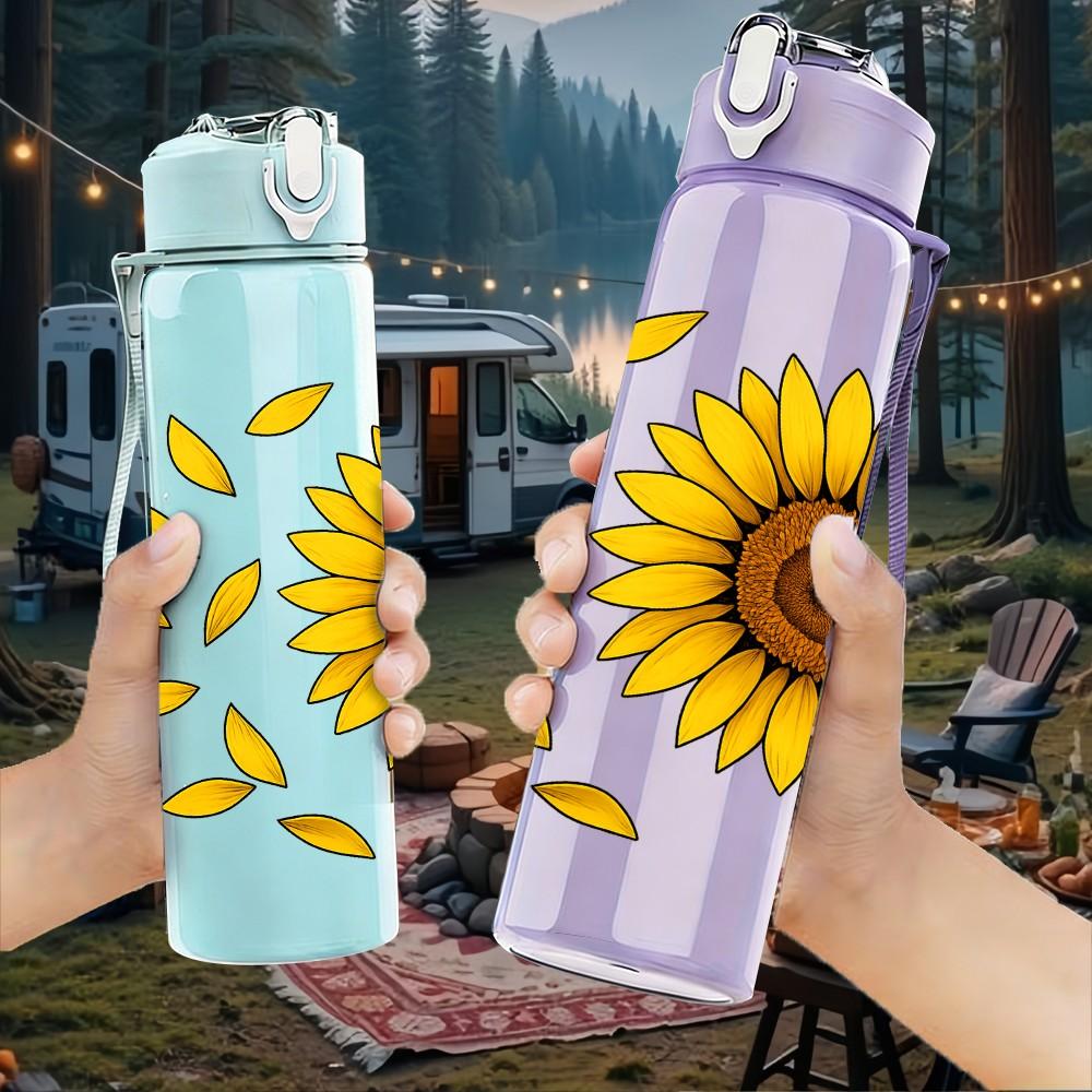 1PC Single Sunflower Yellow Petal Print 750ml Color Plastic Sports Water Bottle Leakproof Flip Straw Lid Suitable for Sports Office Home Use