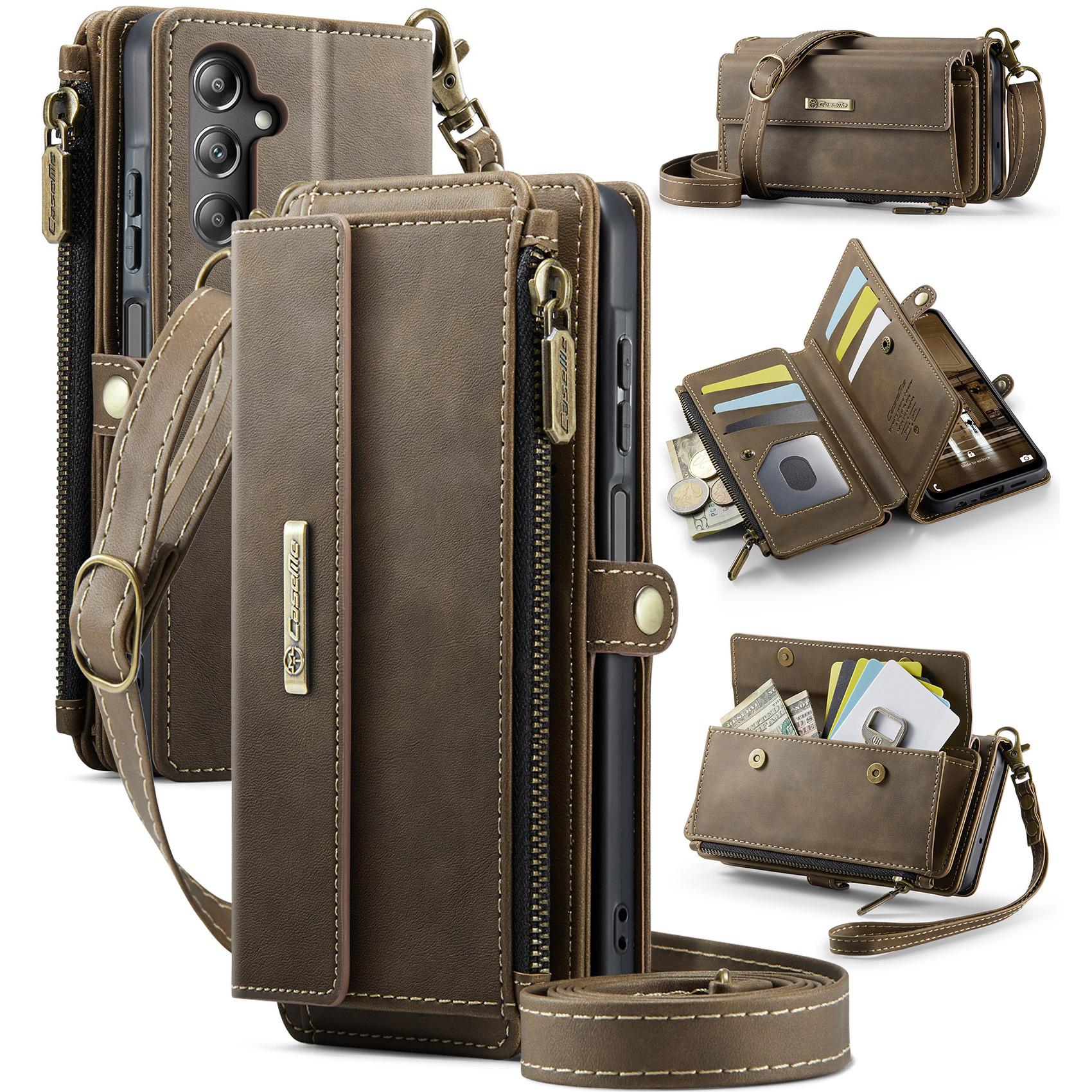 

For Samsung Galaxy A15 5G Case CASEME C39 RFID Blocking Zipper Wallet Stand Leather Cover with Strap Brown