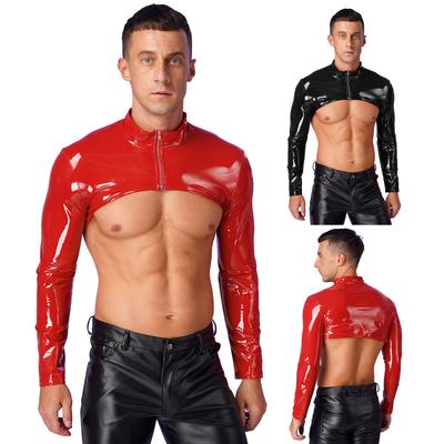 Mens Patent Leather Crop Top Stand Collar Long Sleeve Front Zipper Shrug