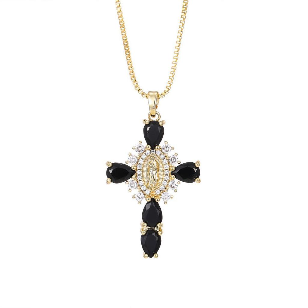 Gold-Plated Multi-Color Zirconia Cross Necklace with Full Diamond Design