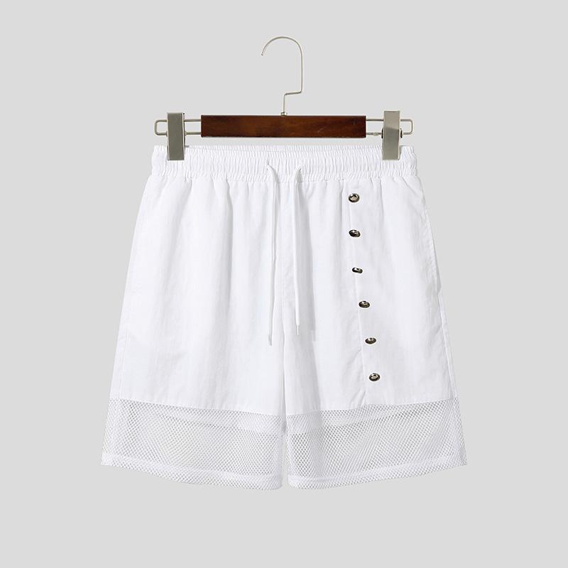INCERUN Men Drawstring Elastic Waist Pockets Hollow Patchwork Casual Cargo Shorts Pants S